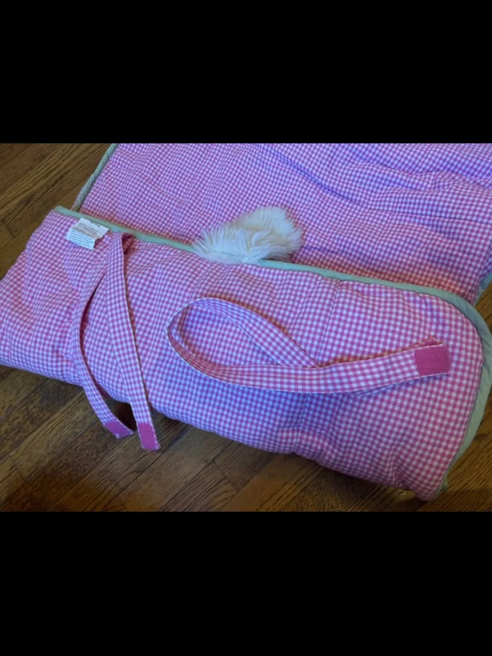 Pottery Barn Kids Shaggy Head Dog Puppy Sleeping Bag Pink White Gingham
